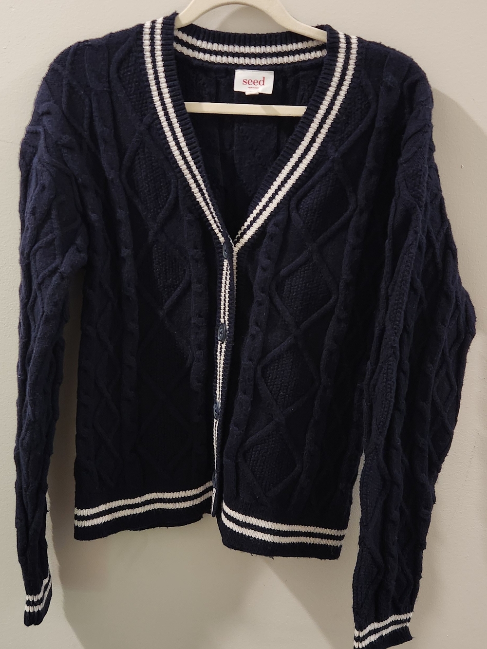 Seed Heritage Navy Cable Knit Cardigan with White Trim